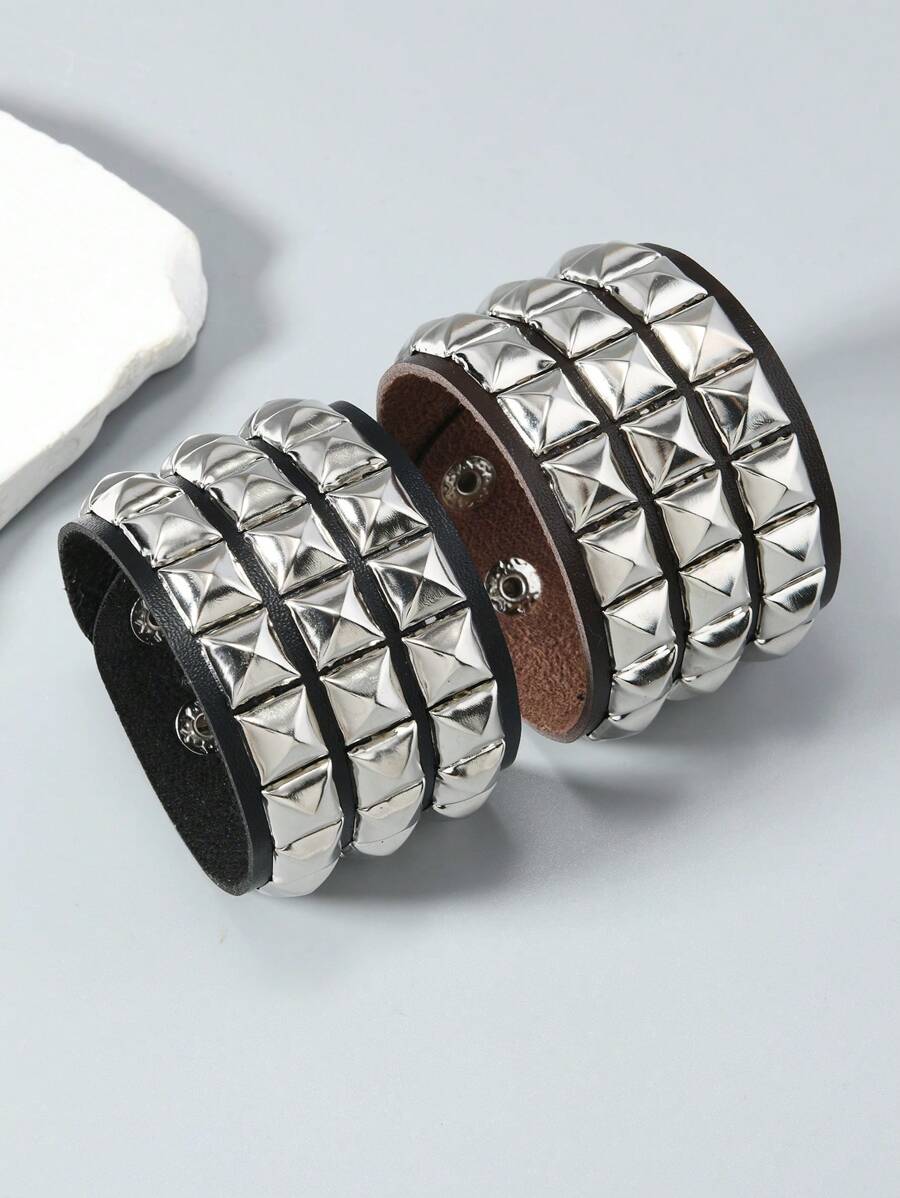 1 Peça Pulseira de Couro Estilo Punk Rock com Pirâmides Metálicas