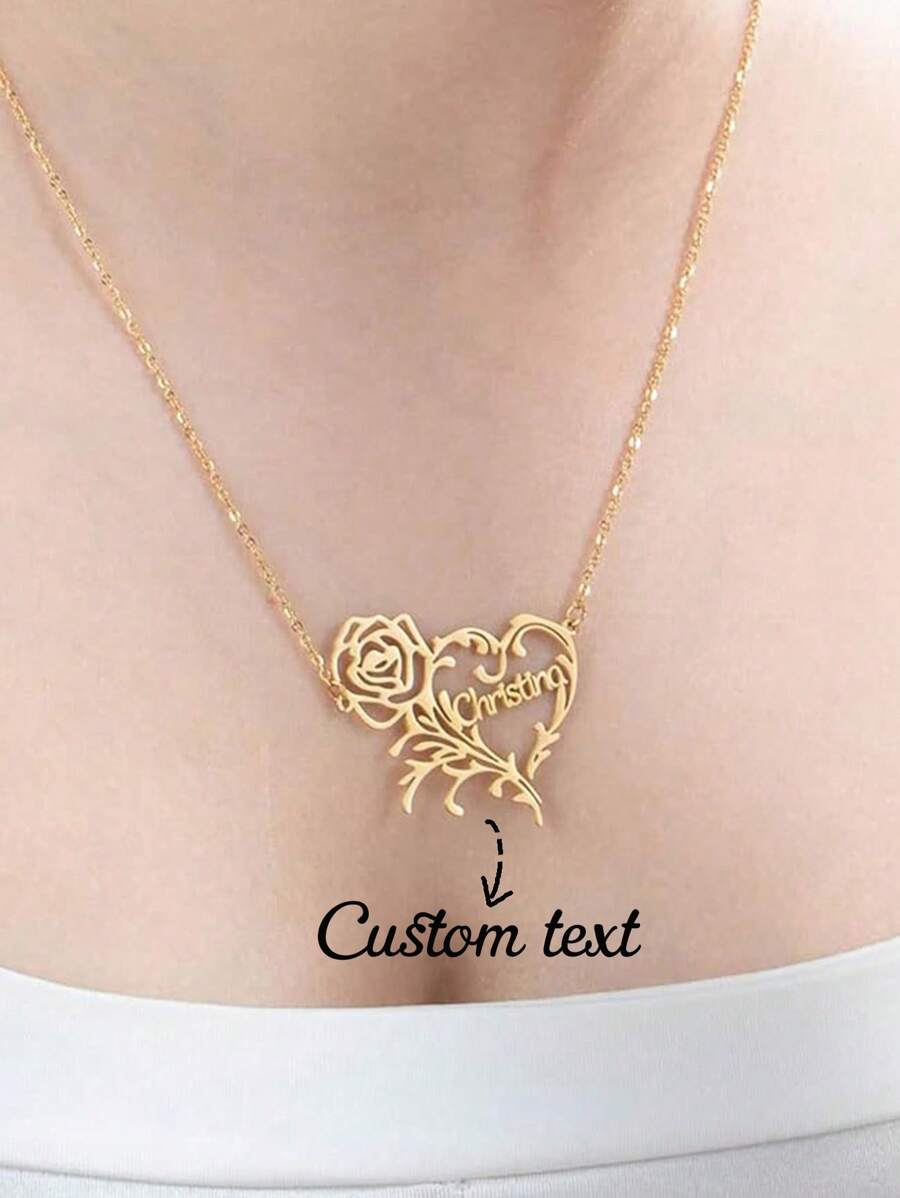 Collar con flor y nombre personalizado, elegante collar con colgante con forma de rosa y corazón, de acero inoxidable, cadena de clavícula, regalo de cumpleaños, aniversario, Navidad para mujeres, familia, amigos