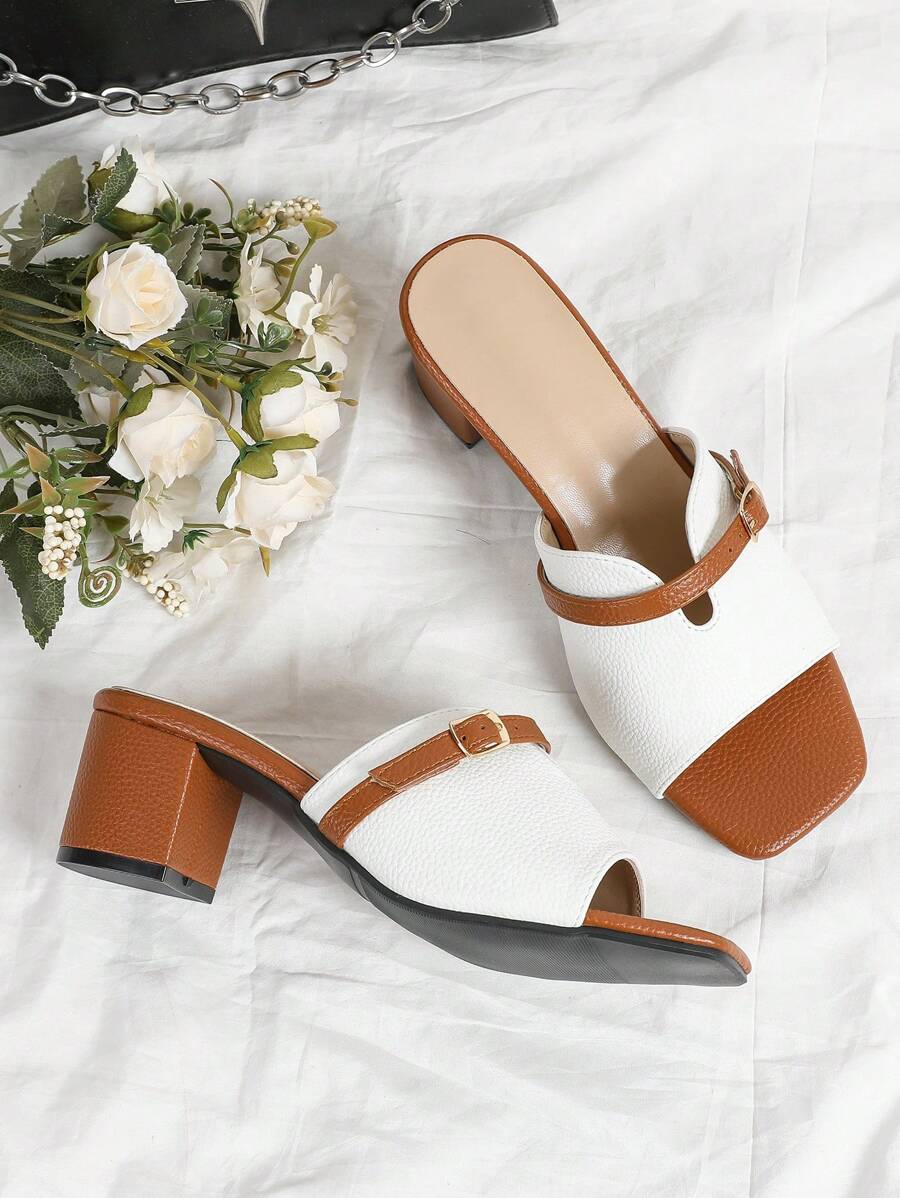 Fashion Colorblock Simple Slip-On Sandals, Women's Open Toe Square Toe Chunky Heel Sandals