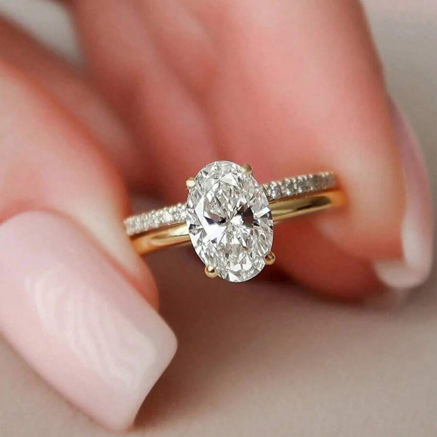 2pcs Luxury Ring Set – Oversized Gemstone With Full Pave Diamond Stackable Rings, Bridal Wedding Band & Anniversary Gift For Women