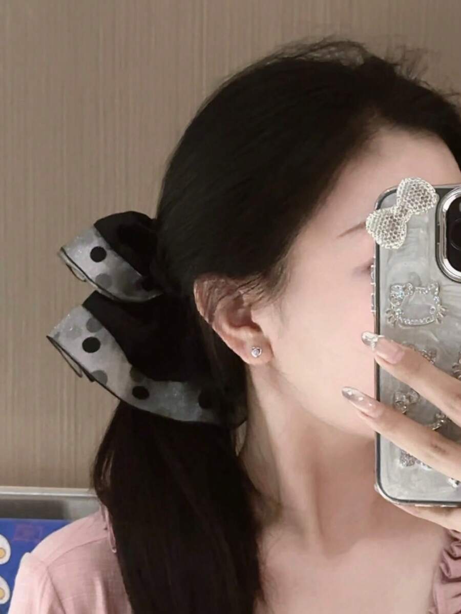 1pc Vintage French Double-Layer Mesh Black Polka Dot Elastic Hair Scrunchie, Versatile Fashion Hair Accessory Suitable For Party, Wedding, Formal Occasions