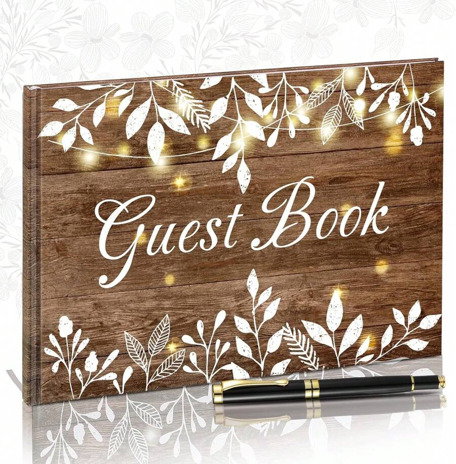 2025Hot SaleWood Grain Wedding Guest Book With Pen Wedding Decor Birthday Rustic Leaves Visitors Book Anniversary Funeral White Leaves Bridal Shower Wood Grain Guestbook Signing Rustic Decor