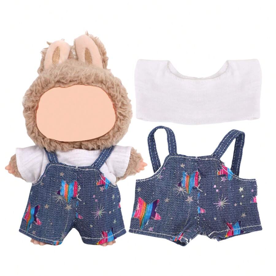 1 set composé de : 1. T-shirt blanc avec imprimé d'étoiles arc-en-ciel et de feux d'artifice, avec pantalon à bretelles bleu. 2. T-shirt rayé noir avec imprimé floral et ours, avec pantalon à bretelles. Nouveau vêtement mignon et à la mode pour poupées, en tissu polyester doux, convient aux filles de 3+ ans, étudiants, enfants, jouets et accessoires de poupée, cadeau pour fête et anniversaire