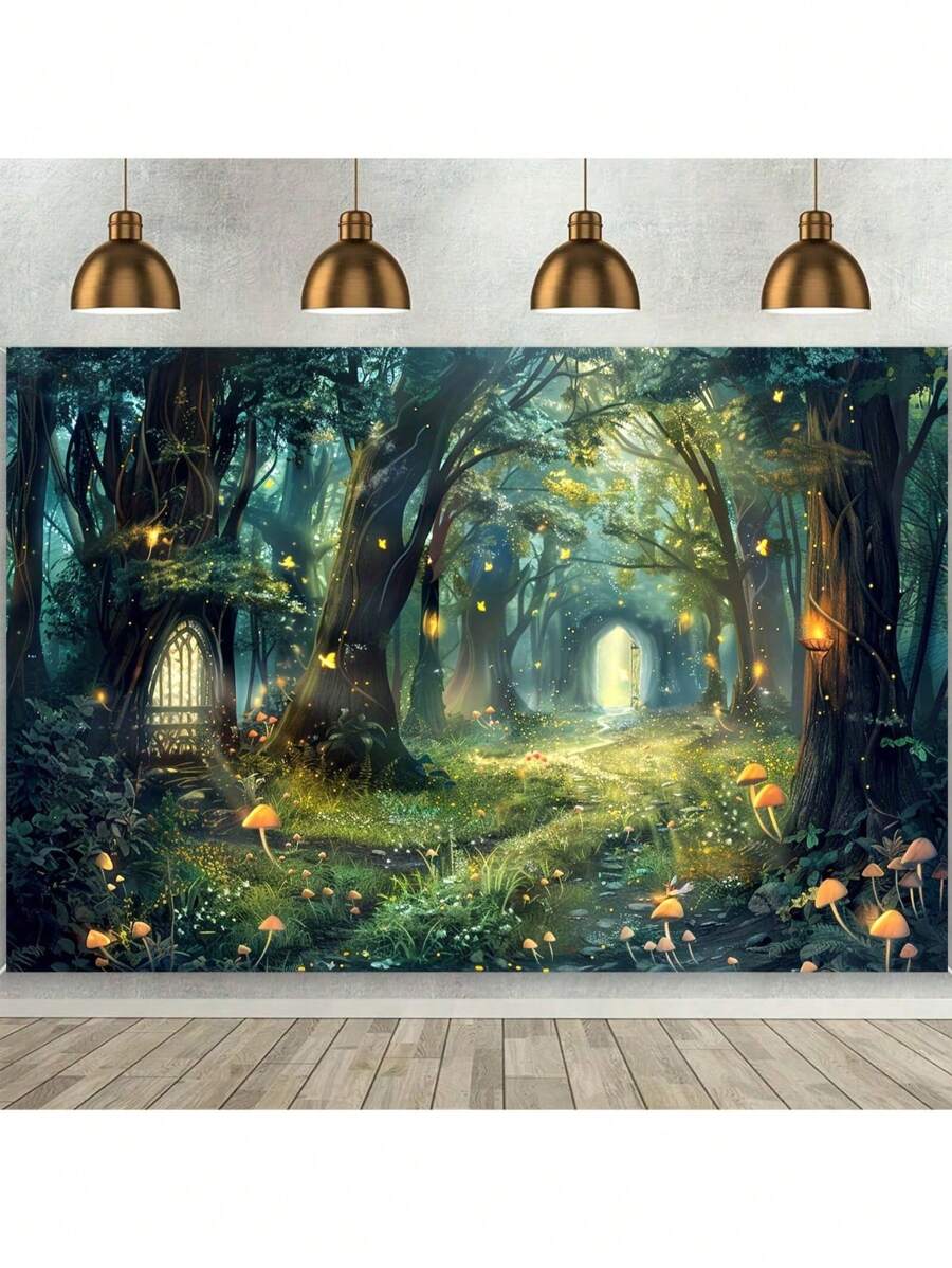 1 pieza Telón de fondo colorido del bosque de luciérnagas - Escena de cuento de hadas encantadora, material de poliéster, decoración multiusos para fiestas de cumpleaños, eventos de primavera y decoración del hogar - Ajuste universal, fácil montaje y diseño reutilizable