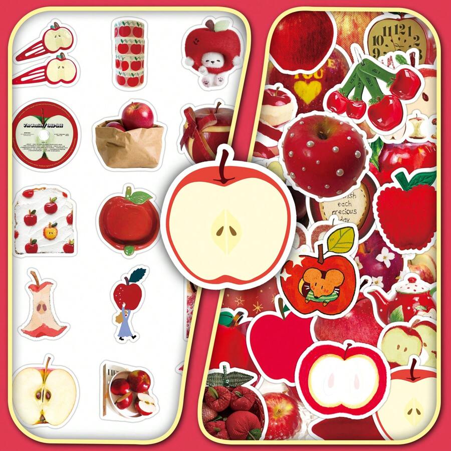 50pcs Red Apple-Style Fresh & Simple Creative Decorative Stickers For Audio Speakers, Desks And Stationery, In Korean Style, School Supplies,Back To School