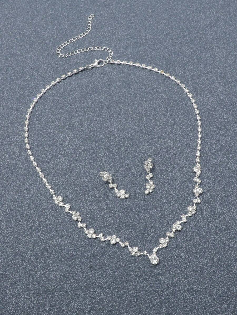1pc Necklace + 1pair Earrings Fashionable Luxury Crystal Inlaid Necklace & Earring Set, Bridal Wedding Party Jewelry