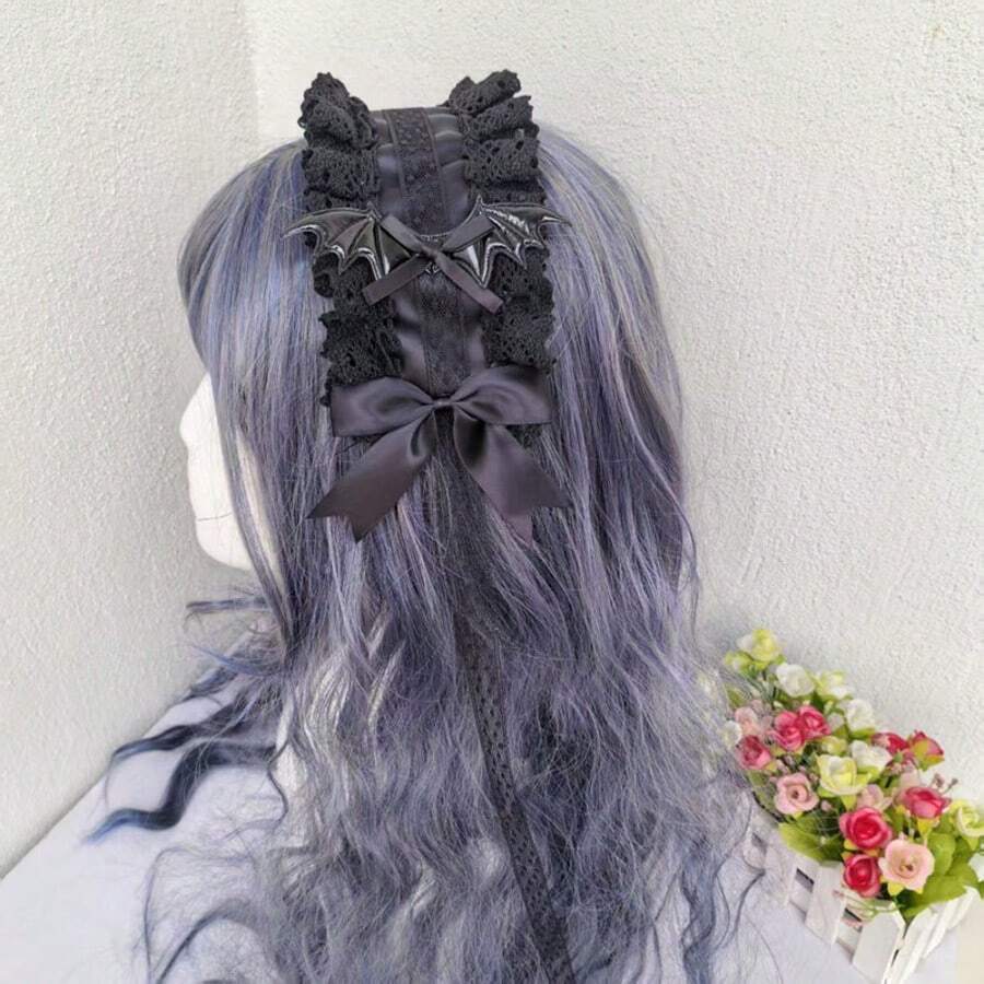 1 Piece Angel Demon Wing Hairband Handmade KC Gothic Bow Lace Headband Doll Black And Pink Secondary Character Dress Up Headpiece Fashion Hair Accessories