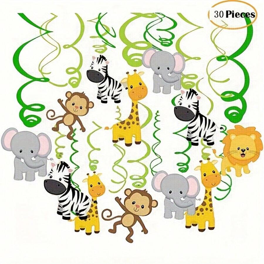 30pcs, Jungle Animal Hanging Swirl Decoration, Theme Zoo Swirls Decor Animals Birthday Party Spirals Home Ceiling Wall Decor For Woodland Farm Supplies Party Decor