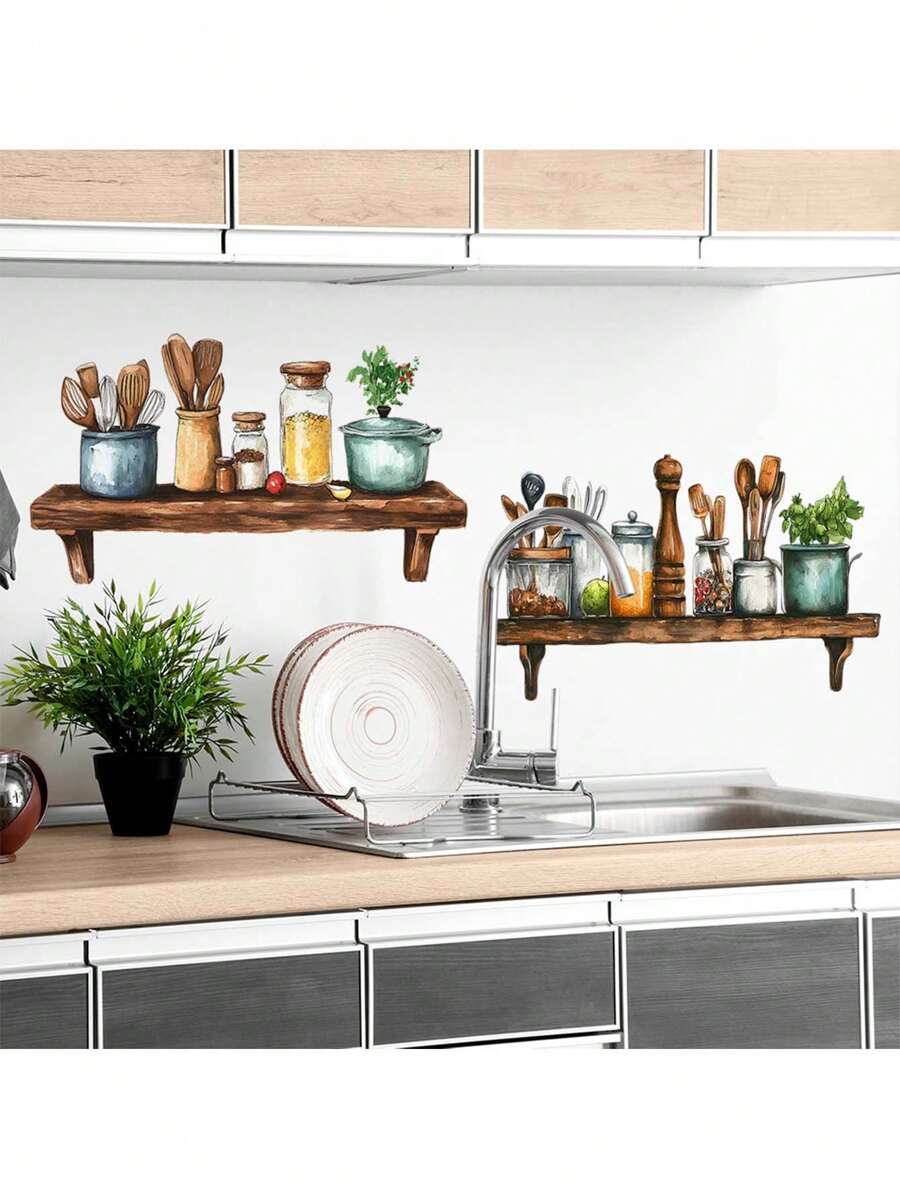 Kitchen Stickers/Decorative Stickers Kitchenware Rack Stickers Waterproof And Dustproof Stickers, 1 Piece Pvc Material Removable Wear-Resistant Stickers, Wall Stickers 35.4*11.4 Inches, Suitable For Kitchen Decoration, Wall Decoration, Restaurant Decoration, Interesting Birthday Gifts, Graduation Gifts, Make Your Home A New Look