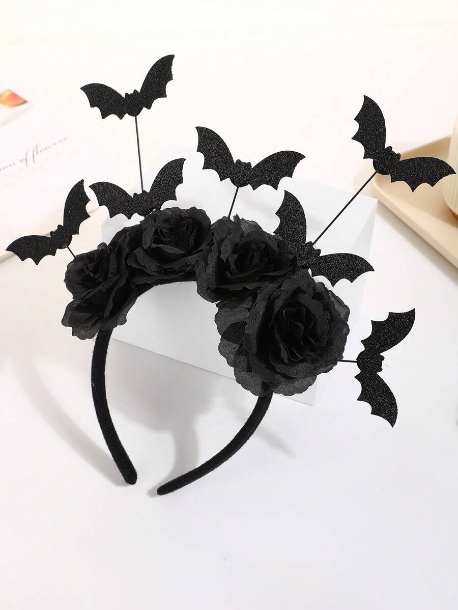 Bandă de păr cu liliac din 7 piese pentru Halloween, costum de coafură cu flori negre, recuzită pentru sărbătoare în parc, poliester imprimat cu trandafiri, accesorii cu funde, accesorii de Halloween, accesorii de păr
