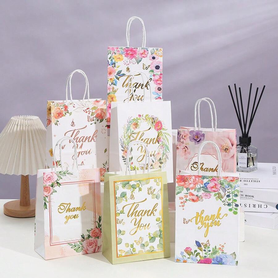 12/24PCS Floral Design Thank You Kraft Paper Gift Bags, Gift Packaging Bag, For Wedding Party Decor, Birthday Party Supplies, Theme Party Gifts Decorations