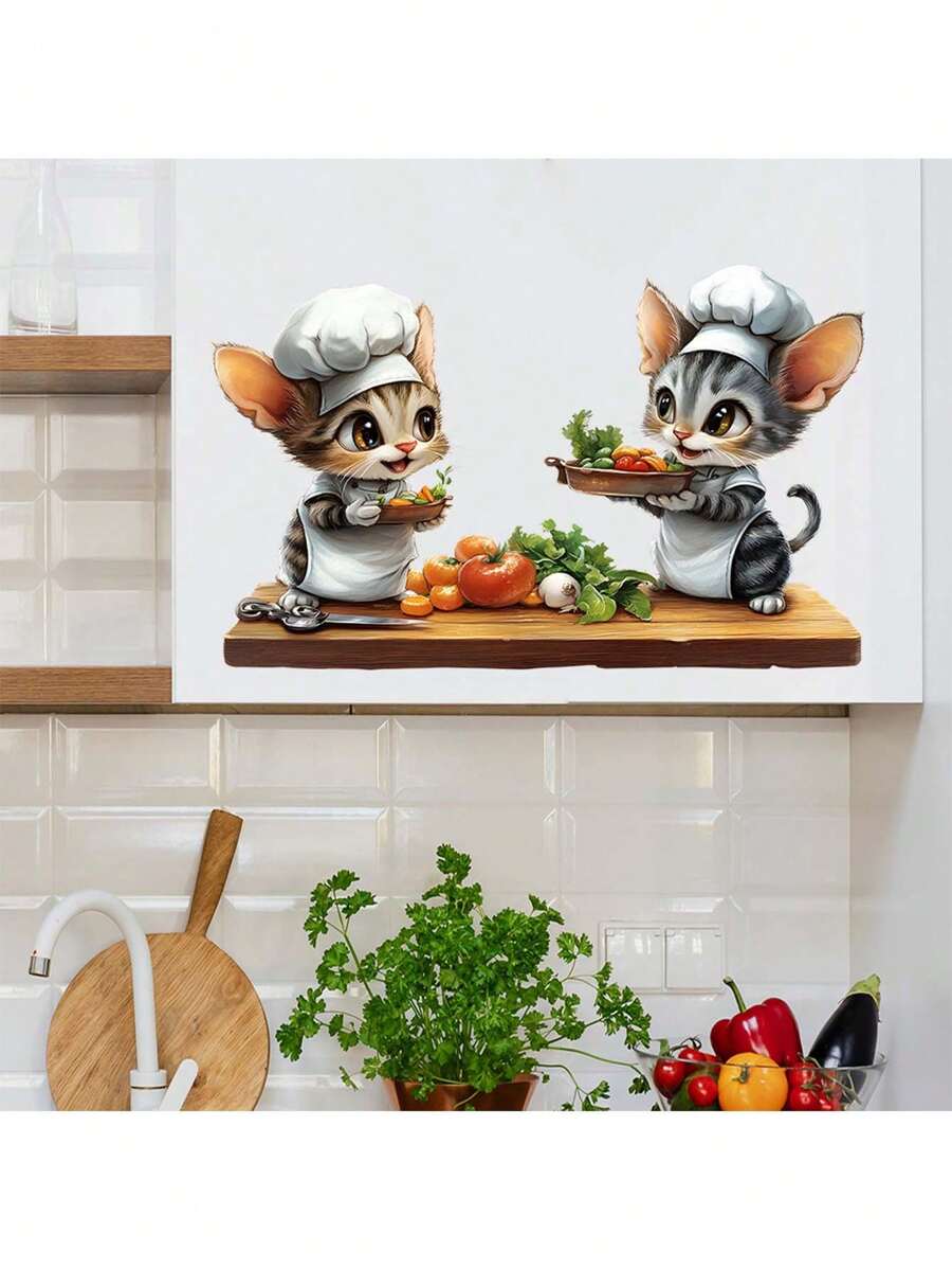 Kitchen Stickers/Decorative Stickers Cartoon Kitten Chef Stickers Waterproof And Dustproof Stickers, 1 Piece Pvc Material Removable Wear-Resistant Stickers, Wall Stickers 19.7*11.8 Inches, Suitable For Kitchen Decoration, Wall Decoration, Restaurant Decoration, Interesting Birthday Gifts, Graduation Gifts, Make Your Home A New Look