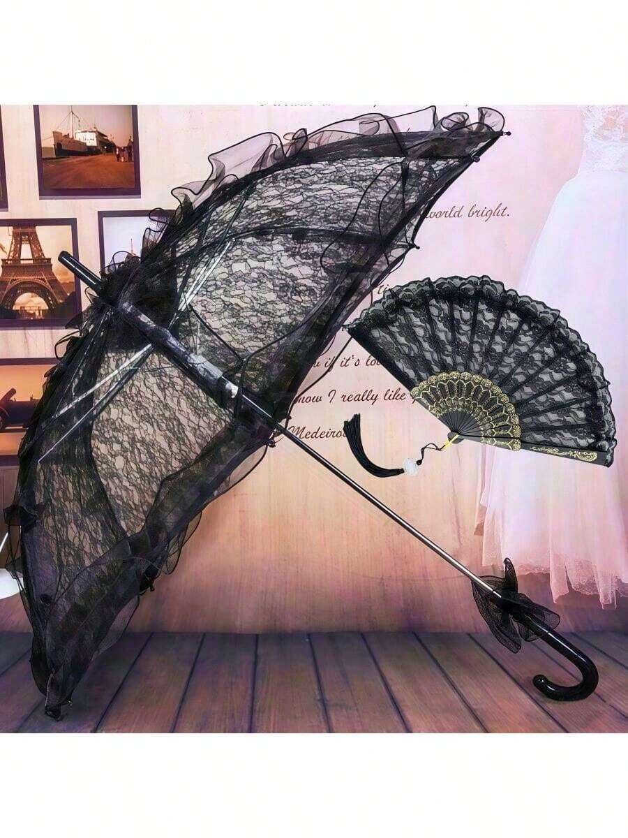 2 Stücke Hochzeits-Braut-Dekorations-Set: Spitzen-Regenschirm & Spitzen-Fächer Set, Vintage europäischer Stil Braut-Hochzeitsregenschirm, Outdoor-Hochzeitsdekoration Sonnenschirm & Fächer, perfektes Geschenk