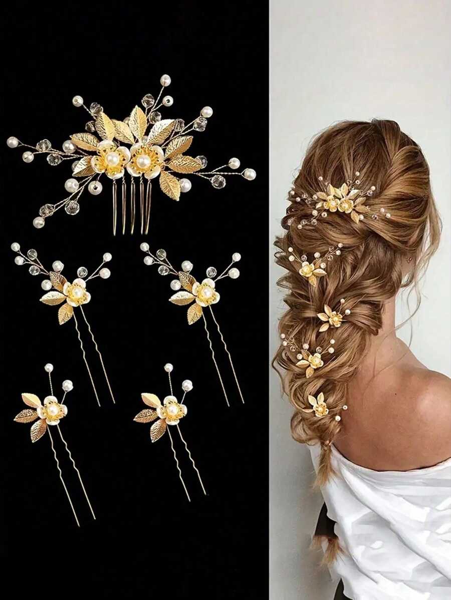 5-Piece Set Of Gold Leaf Pearl Hair Comb, Bride's Coiled Hair Comb, Retro Wedding Headwear, Bride's Hairpin And Hair Clip Combination