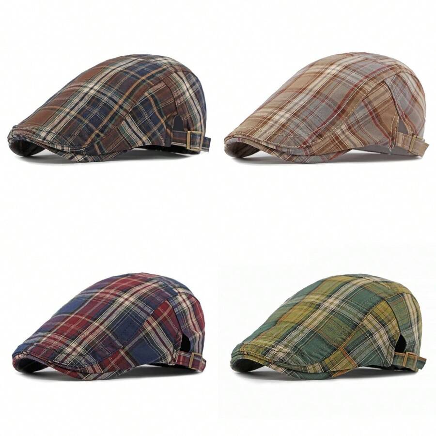 Boina para hombre, Gorra tipo "Newsboy" con estampado a cuadros británico, Gorra tipo "Newsboy" retro elegante, Gorra ajustable y transpirable unisex