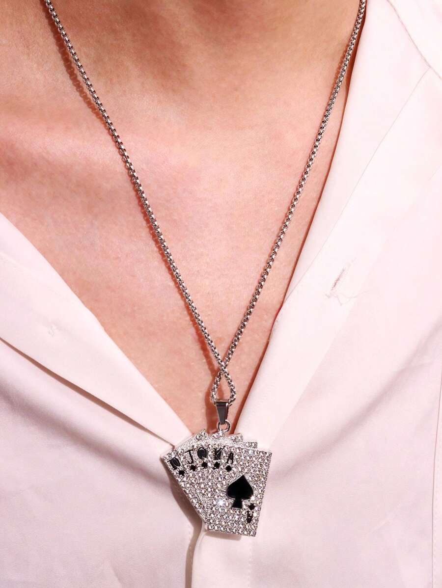 1 pieza Collar colgante de naipe de póker de estilo punk rock plateado, diseño versátil para uso casual y para ir al trabajo