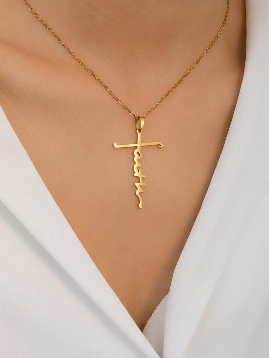 1pc Fashionable Vintage Stainless Steel Cross Pendant Necklace, Cool & Elegant Delicate Hanging Accessory