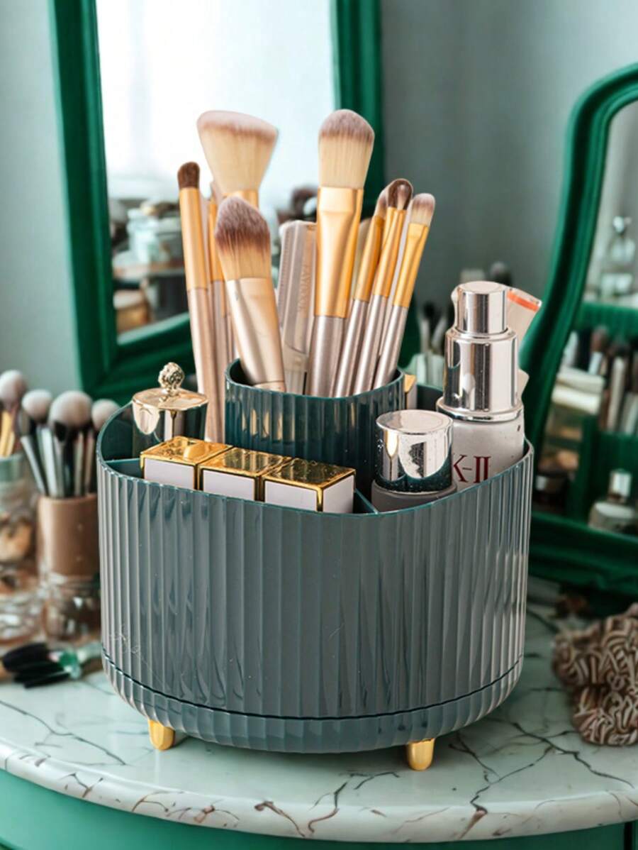 1pc 360° Rotating Makeup Organizer - 5 Compartments Bathroom Vanity Caddy, Elegant Plastic Cosmetic Organizer For Brushes, Lipsticks, Skincare - 4 Color Options, Hand Washable, Cosmetic Storage Box | Modern Aesthetic | Plastic Back To School