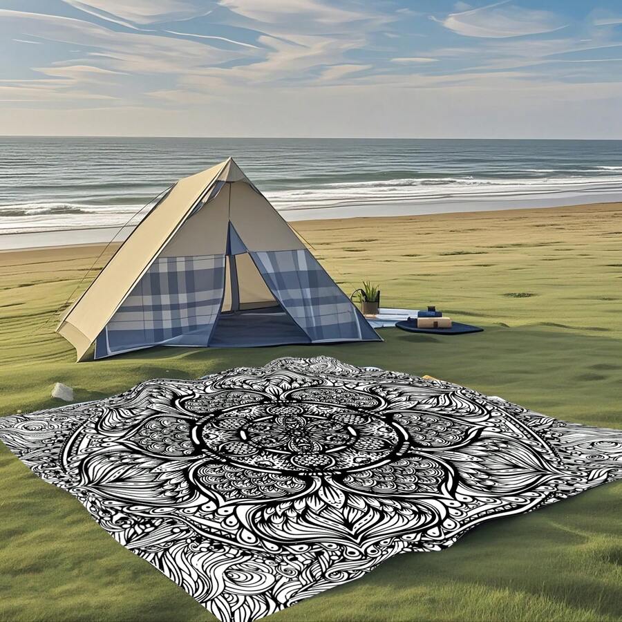 1pc Digital Printed Outdoor Picnic Mat, Beach Blanket, Black & White Mandala Design, Personalized, Fade Resistant, Lightweight Portable, 120g Polyester, With 4 Stake Pegs, Thick Protection, Suitable For Picnic, Camping, Beach, Yard