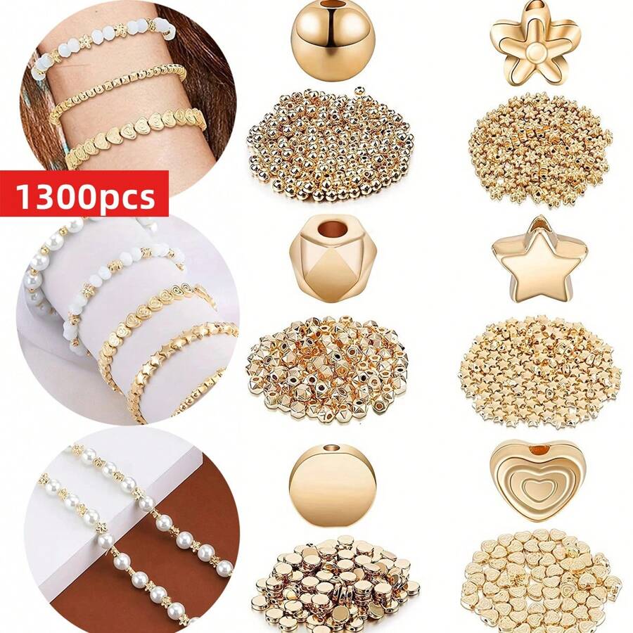 1300pcs/Set Spacer Beads Set Star Beads Golden And Silvery Round Ball Beads Round Multi Faceted Spacer Beads Heart Beads Flower Beads Flat Disc Beads Loose Beads Bracelets Earrings Necklaces Jewelry Making