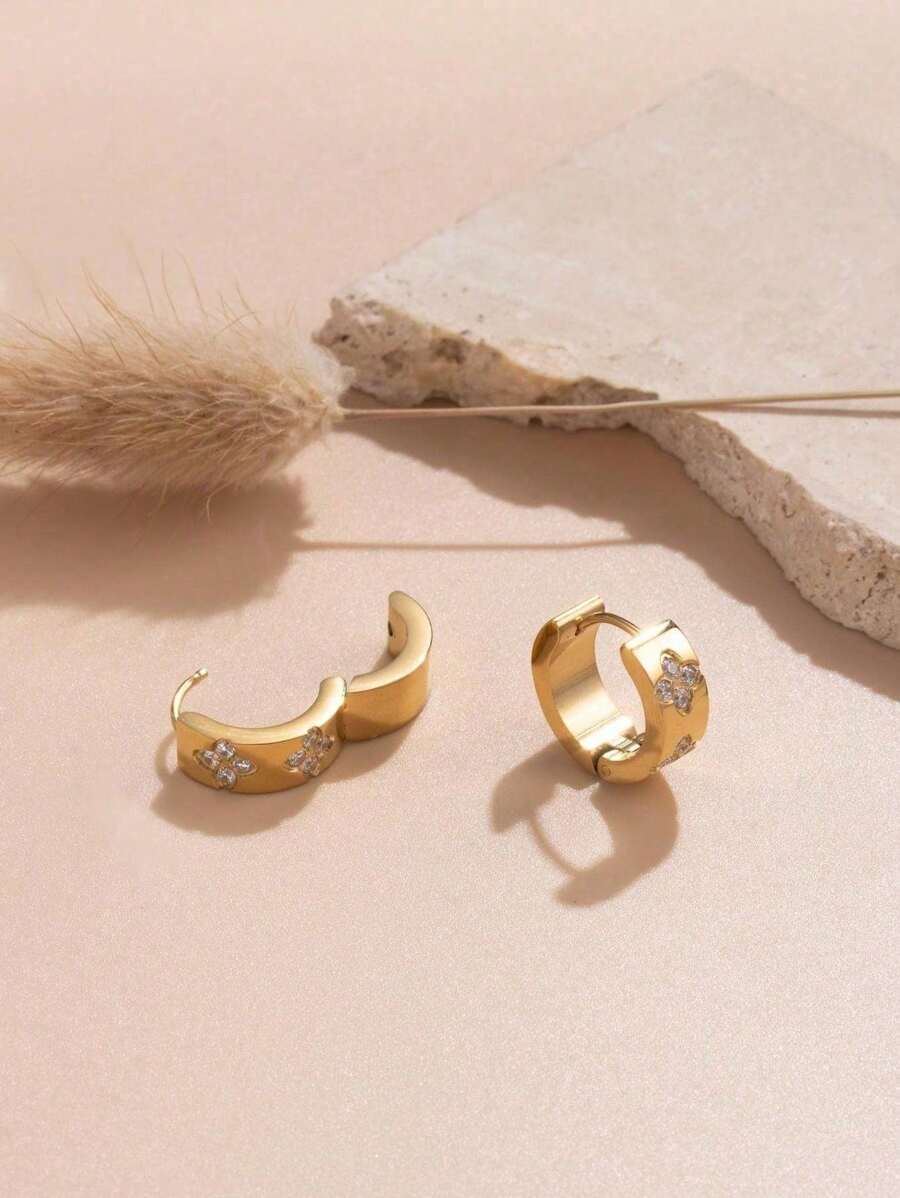 1 Pair Fashion Minimalist Micro-Inlaid Diamond Patterned Stainless Steel Hoop Earrings