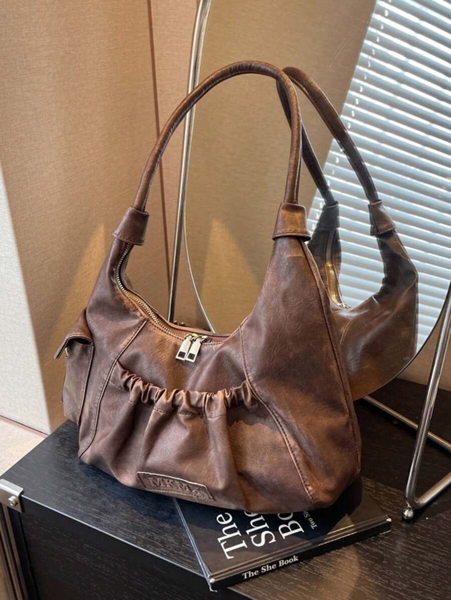 Korean Version Simple Niche Solid Color Black Vintage Texture Women's Bag Autumn And Winter New Fashion Handbag, Casual Versatile Commuting Travel Large Capacity Shoulder Bag