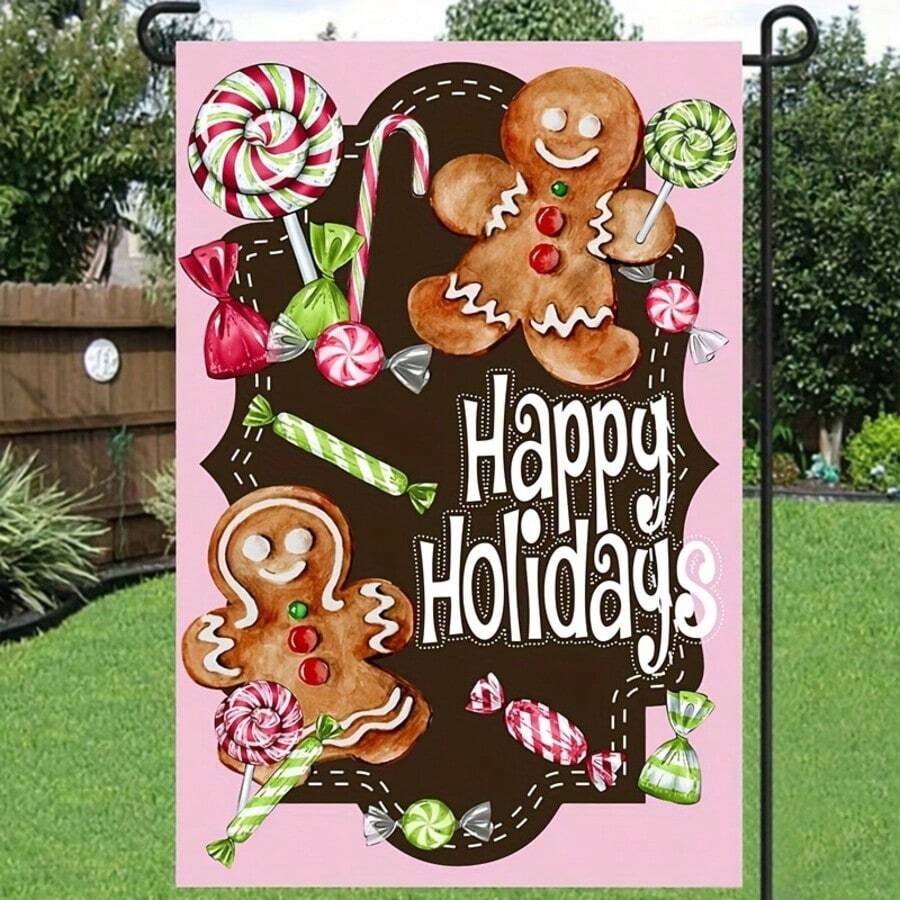 1 Stück, Weihnachts-Lebkuchen Gartenfahne, Wünsche und Zuckerstangen-Küsse dekorative Jutegartenfahne, Weihnachts Haus Yard kleine Außendekoration, beidseitig bedruckt 12 X 18 Inch