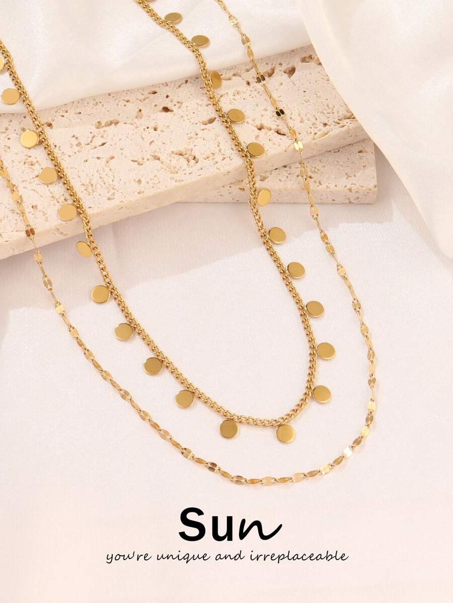 1pc Stainless Steel Round Tassel Pendant Necklace For Women Fashion Gold Color Double Layers Chain Necklace Jewelry Gift
