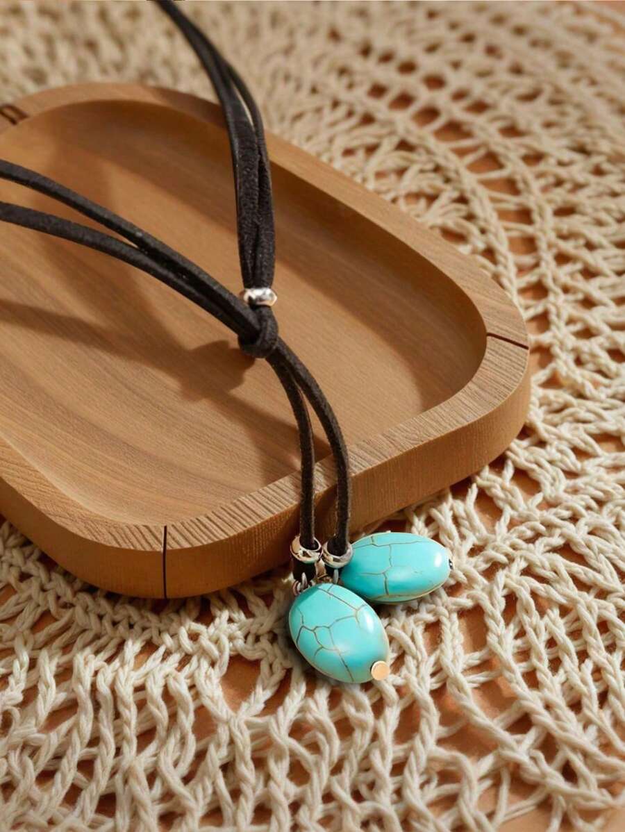 1pc Adjustable Y-Shaped Turquoise Necklace, Bohemian Style Suitable For Women's Daily And Holiday Wear