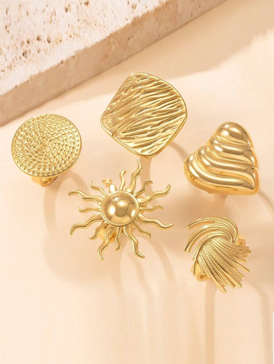 1/3/6 peças, anéis de aço de titânio ajustáveis decorados com strass, luxuosos, dourados, exagerados, florais, quadrados, sol e estrela do mar, enviados aleatoriamente, adequados para mulheres, combinação diária, presente, casamento e festa