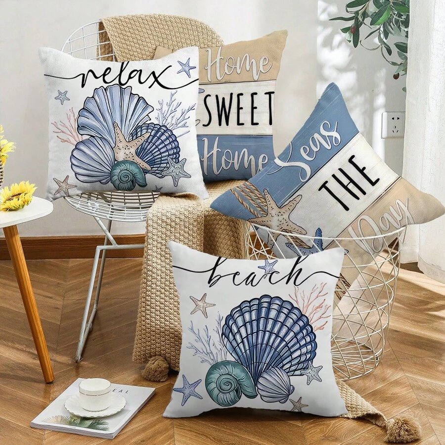 4pcs Polyester Pillowcase Set, Featuring Vintage Farmhouse Style Ocean Starfish Design With Blue And Seashell Details, Zippered Closure, Machine Washable - Ideal For Decorating Porch, Patio, Sofa And Outdoor Spaces (Pillow Inserts Not Included)