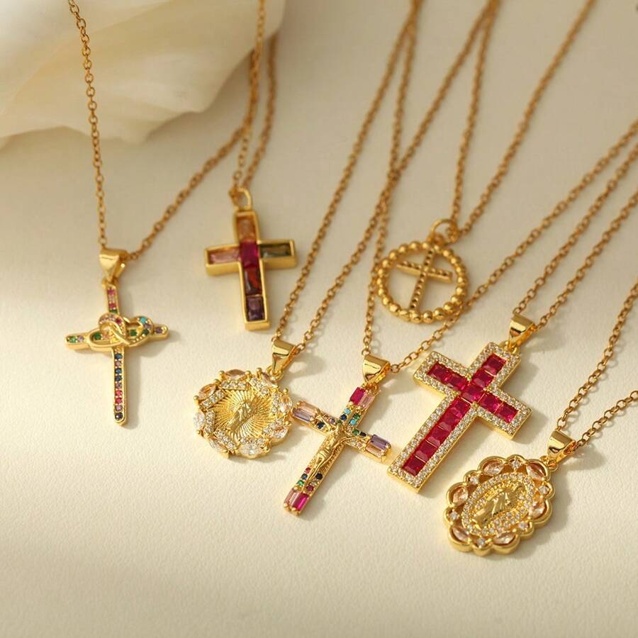1pc Elegant Crystal Cross Pendant Necklace, Unisex - Stainless Steel, Gold Chain, Inlaid With Black, Transparent And Pink Gems, Versatile Jewelry Gift For Men And Women, Suitable For Casual Or Formal Occasions | Graceful Necklace | Cross Necklace