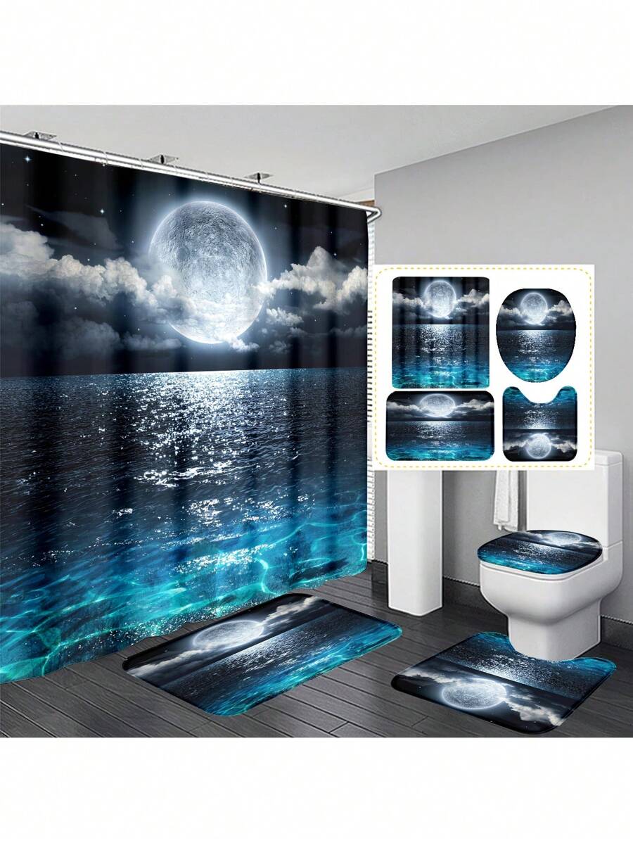 1 pièce/4 pièces Ensemble de salle de bain motif lac sous clair de lune avec rideaux de douche multifonctions (12 crochets), tapis de bain, tapis en U, housse de siège de toilette ronde, adapté à tous les scénarios, rentrée scolaire