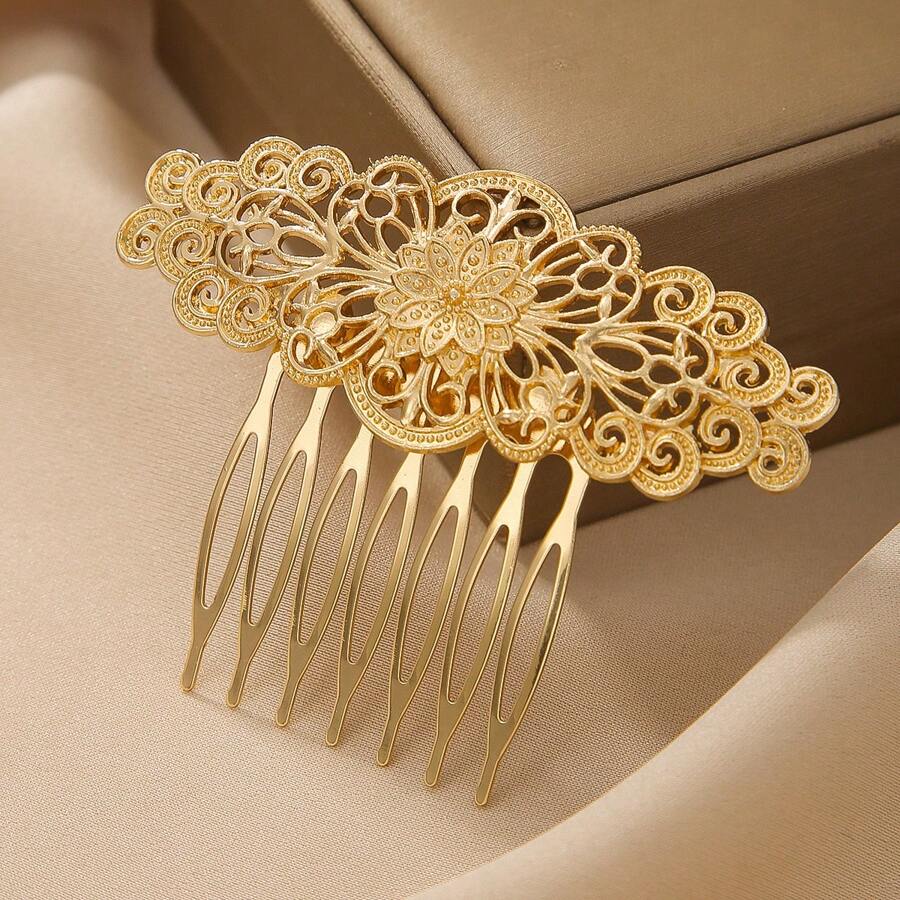1 pieza Peine de pelo de aleación vintage con patrón floral calado, accesorio de peinado diario para mujer, regalo, peine lateral, artículos escolares