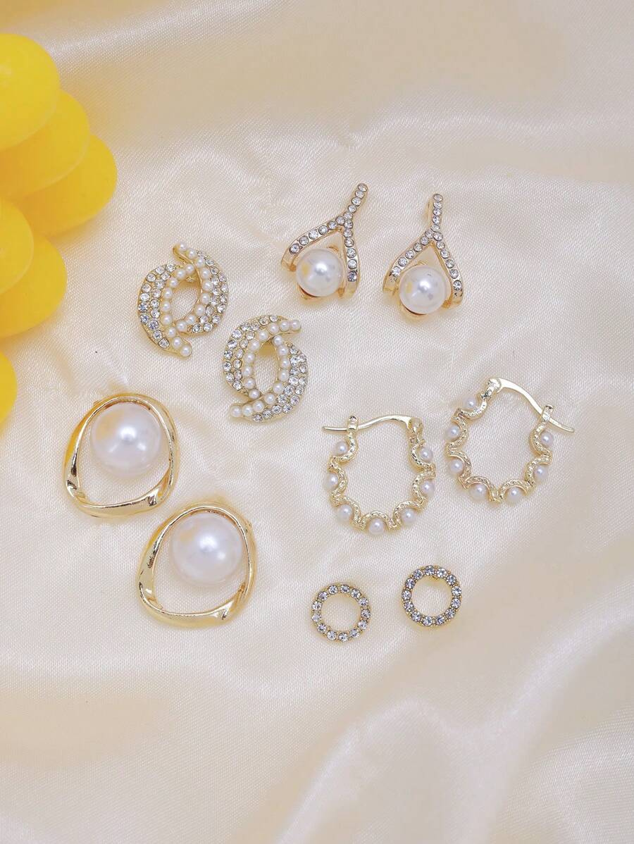 5Pcs/Set Fashionable Faux Pearl Stud Earrings, Versatile Minimalist Design Suitable For Women Everyday And Festival Wear