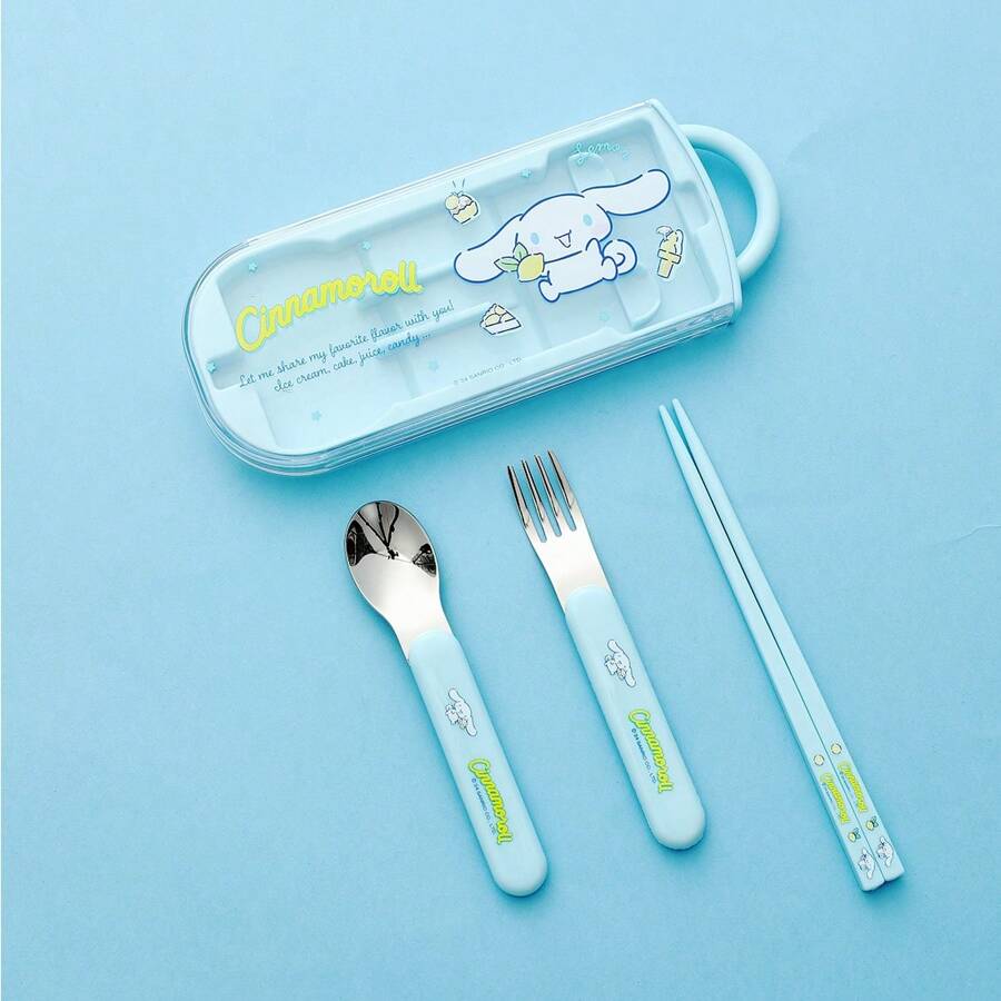 Miniso Sanrio Cinnamoroll Series Portable Sliding Lid Flatware Set, Including Chopsticks, Spoon, And Fork, Convenient And Hygienic, Suitable For Daily Use Or As A Gift For Friends And Family (1 PC)
