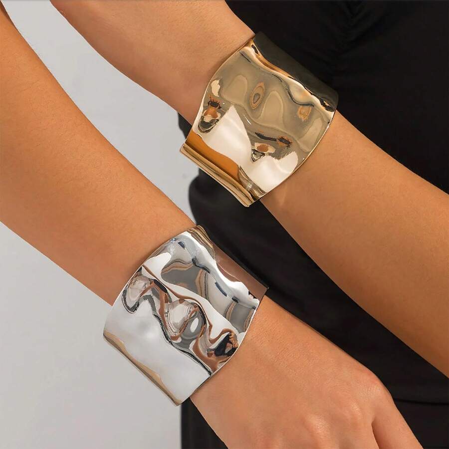 1 pièce Bracelet manchette large ondulé épais en or et argent (La texture et la couleur du bracelet sont sujettes au produit réel)