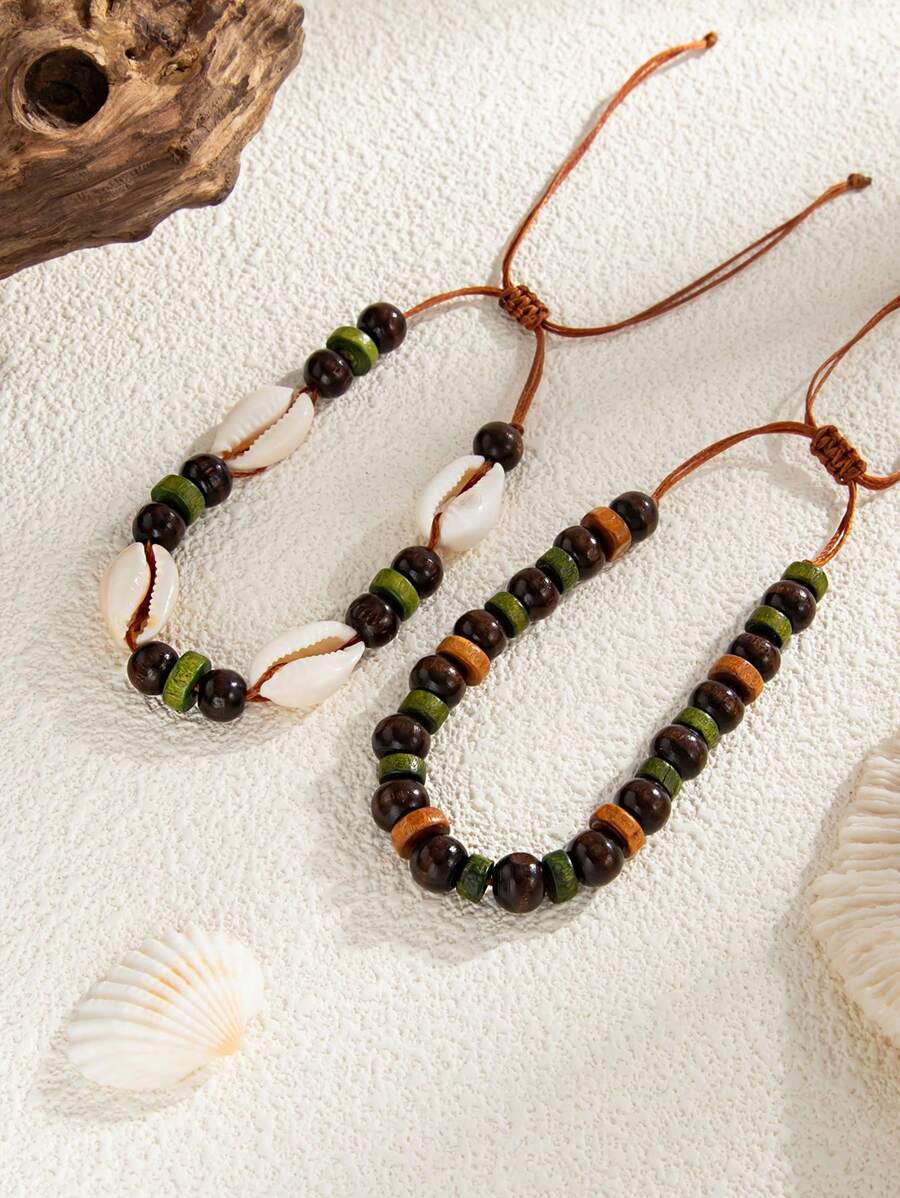 2pcs Bohemian Ocean Style Wood Bead Bracelet Set, Natural Shell Decor, Charming Jewelry For Men Beach Party Vacation