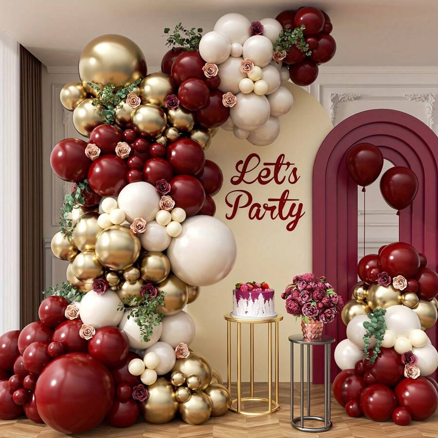 108pcs Burgundy Balloon Arch Kit, Includes Burgundy, Chestnut, White And Gold Metallic Balloons, Suitable For Graduation, Bridal, Baby Shower, Gender Reveal, Baby Sprinkle, Birthday Decorations