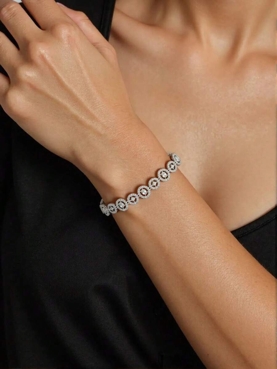 1 pieza Pulsera decorativa minimalista con cadena ovalada bañada en oro blanco de 18 K y piedras de circonita, adecuada para uso diario de mujer