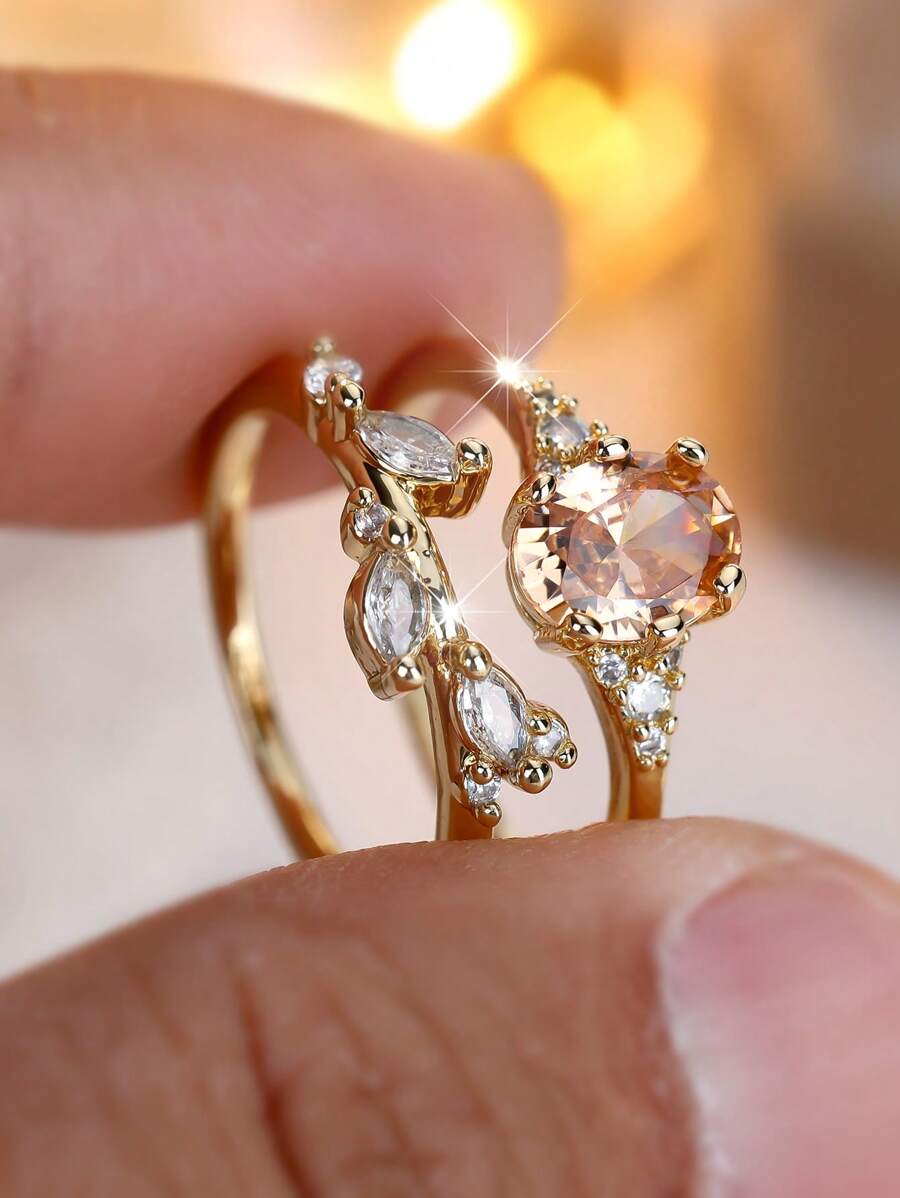 Vanel 2PCS Fashion Elegant Inlaid Cubic Zirconia Oval Cut Ring 2 Pieces Set Ring Casual Gift Choice
