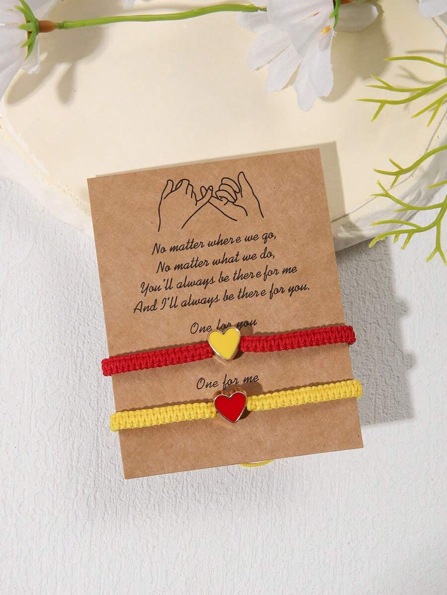 2pcs Heart Handmade Braided Adjustable Couple Bracelet, Suitable For Men And Women, Valentine's Day Gift And Daily Wear