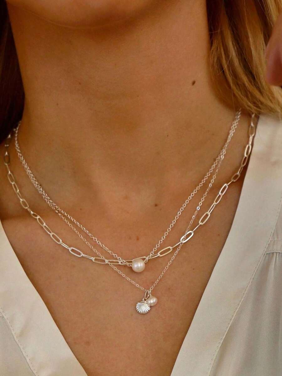 1pc Elegant Exquisit Gorgeous Boho Silvery Shell Faux Pearl Pendant Necklace For Woman Summer Daily Beach Vacation Music Festival Party ,Gift For Her