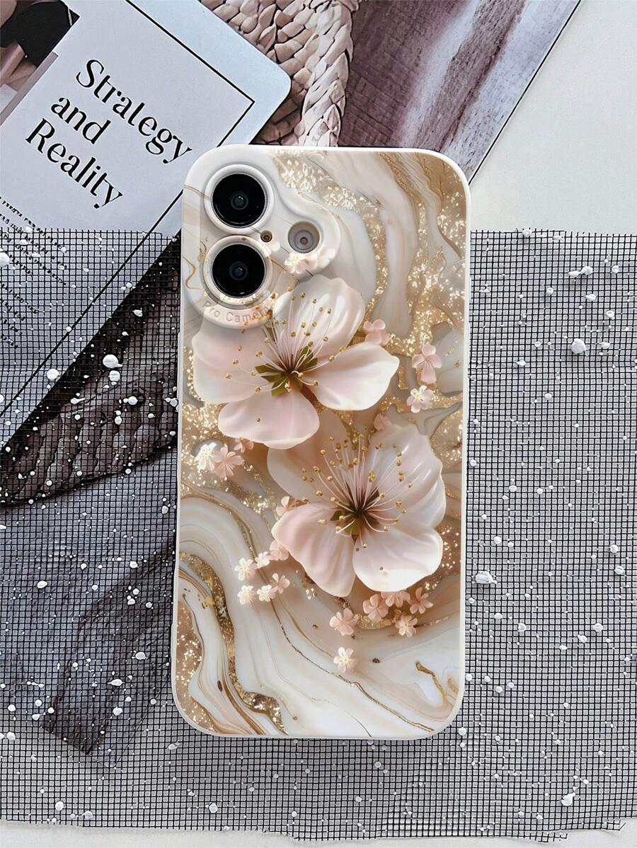 1pc Fashionable Marble Pattern Double Flower Solid Color Matte TPU Shockproof Phone Case, Compatible With IPhone 16/15/14/13/12/11/XSMAX/X/XS/XR/7PLUS/8PLUS/7/8