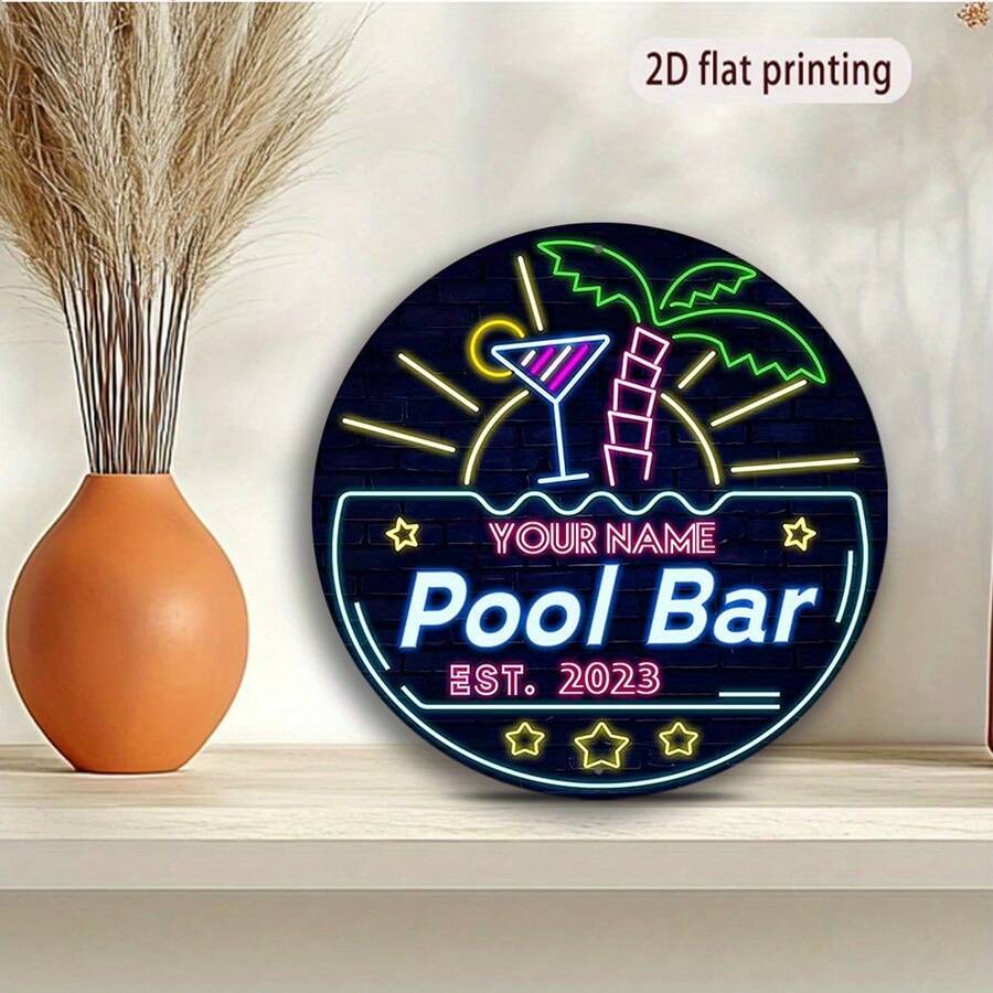 1 Stück runde bedruckte Aluminium Hinweistafel mit Neonlichtern, präsentiert Strand-Atmosphäre mit Cocktails, Palmen und Sonnenschein, erzeugt eine tropische Resort-Stimmung. Diese Beschilderung ist ideal für Pool-Bars und Strand-Erholungsbereiche in tropischen Resorts und macht ein perfektes Geschenk für Reiseliebhaber, um ihr Verlangen nach einem Strandurlaub zu erfüllen.