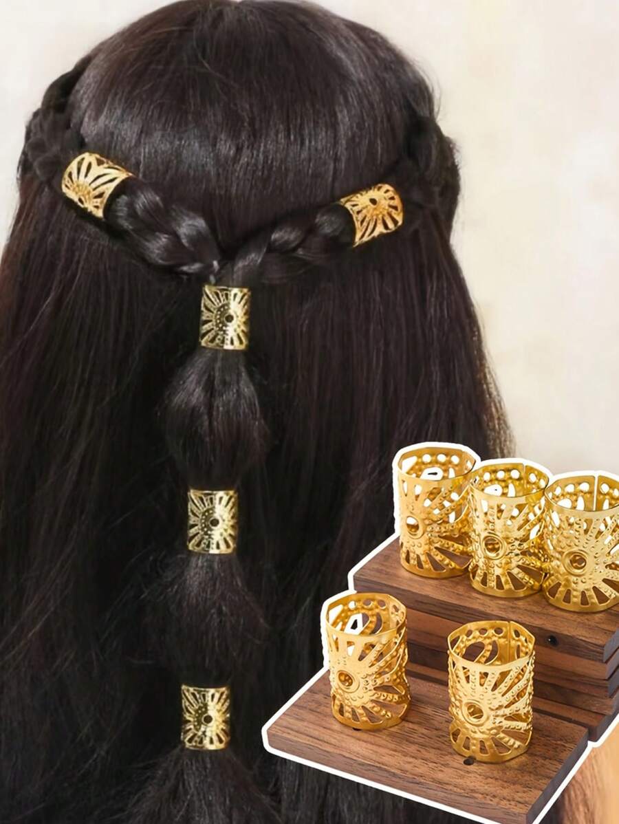 8pcs Bohemian Style Golden Metal Hair Ties, Geometric Hollow Mesh Hair Clips, Elastic Hair Accessories For Girl, Non-Textile Braided Design, Suitable For Daily And Casual Wear