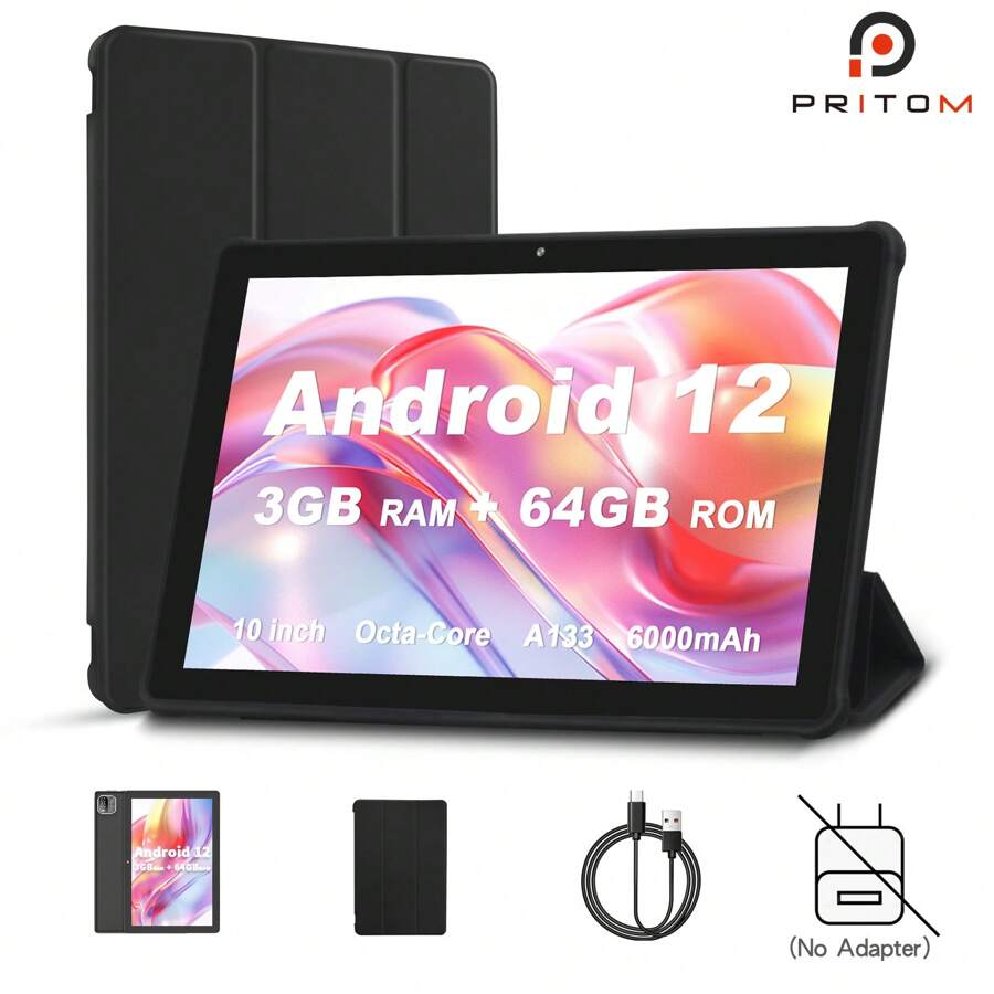 PRITOM Tablette Android (Quad-Core 2.0Ghz/3Go RAM/64Go Rom Prend en charge l'extension SD 1To/Écran IPS 10,1 pouces 1280*800/Wi-Fi 5G 802.11ac/BT 5.0/6000mAh/USB-C/Caméra double 2.0 MP + 8.0 MP/ avec étui gratuit (sans adaptateur)
