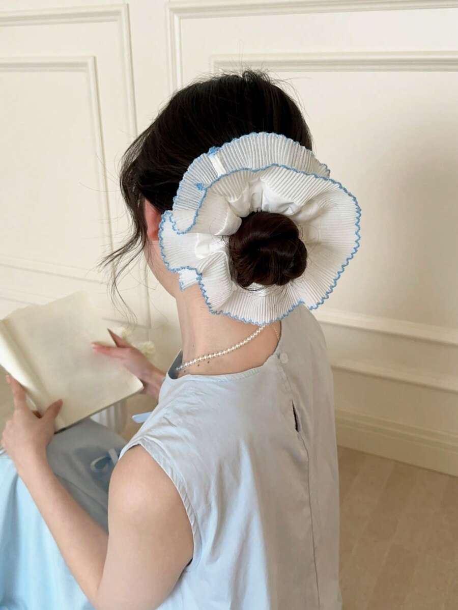 1pc Ruffled Hair Scrunchie, French Sweet Double-Layered Fluffy Oversized Hair Bobbles For Buns & Ponytails, Hair Tie, Hair Accessory ,Hair Accessories, Scrunchy Hair Ties