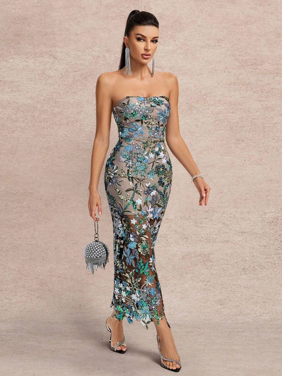 Vestido formal elegante de mujer con doble capa de bustier con cuentas, adecuado para invitados de boda