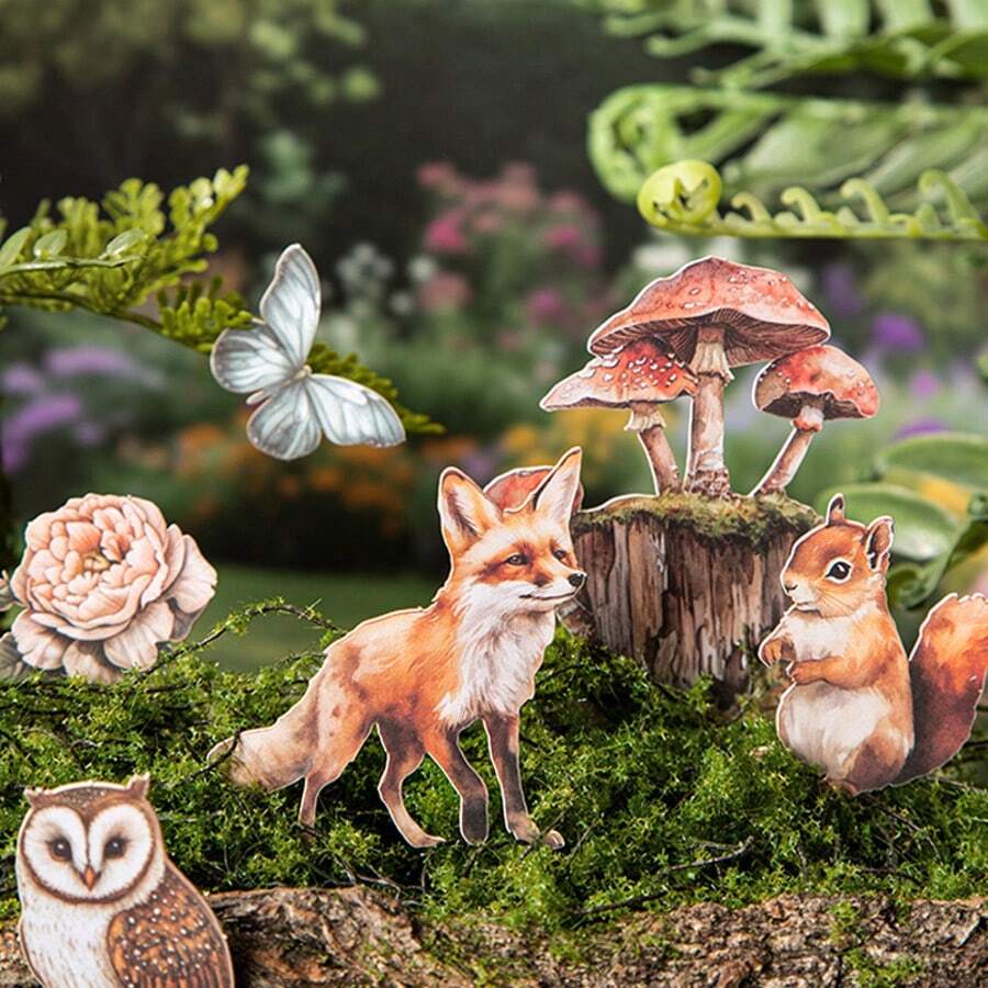 150Sheets/6bag Sticker Set, Forest Travelogue Series, Retro Forest Animal And Plant Hard Card Stickers, Scrapbook Supplies Notebook Accessories, Decorative Notebook Photo Frame Phone Case Water Cup Garbage Magazine Stationery Box DIY Personalized Stickers School Supplies,Back To School